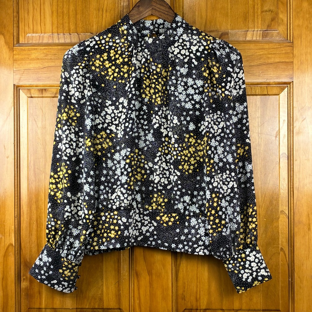 Ann Taylor Factory Black White Yellow Daisy Floral Mock Neck Smocked Blouse XS
